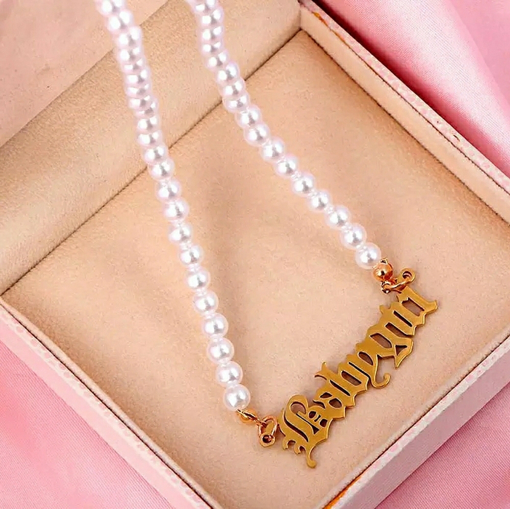 Gold BABYGIRL Old English Pearl Pendant Necklace Statement Fashion Accessories